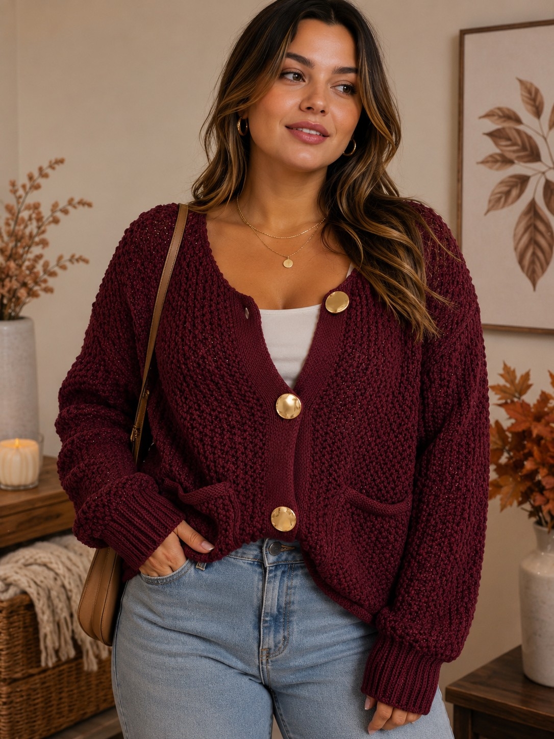 Zara Cardigan Sweater Burgundy Chunky Knit Gold Button Size Medium